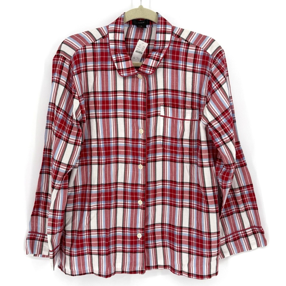 J. Crew Flannel Pajama Top Women M Red/White Plaid Button Up Sleepshirt PJ'S NWT